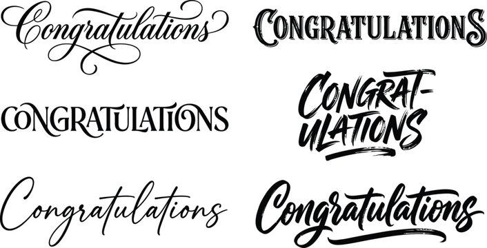 Elegant collection of congratulations typography vector graphic designs showcasing multiple unique handwritten and decorative calligraphic styles