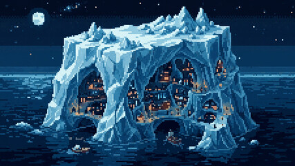 Surreal pixel art illustration of a glowing city hidden inside a giant arctic iceberg at night © Pyxzel