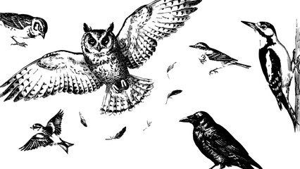 Naklejka premium Birds in Flight and Perched on a Tree Branch in a Detailed Black and White Illustration Featuring Feathers, Wings, Nature