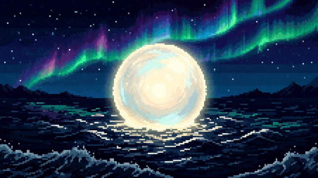 Surreal pixel art illustration of a giant glowing orb resting on the ocean under aurora borealis