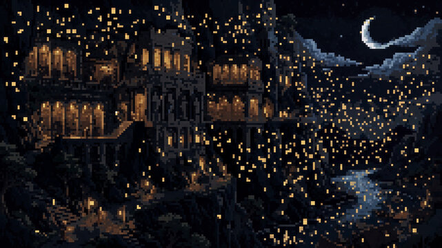 Surreal pixel art illustration of a magical library with floating golden lights at night under a crescent moon