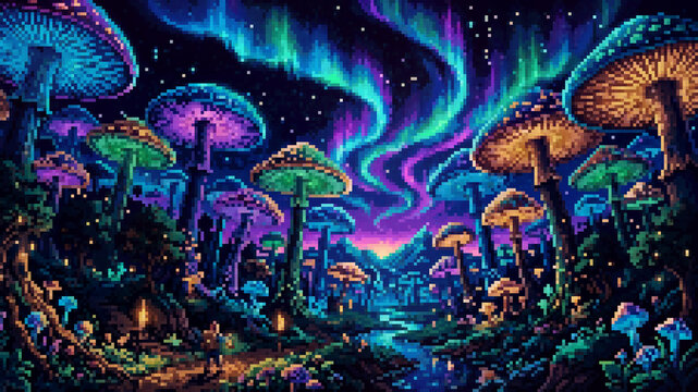 Surreal pixel art illustration of a glowing magic mushroom forest under the northern lights