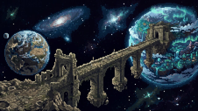 Surreal pixel art illustration of an ancient stone bridge connecting two planets in space