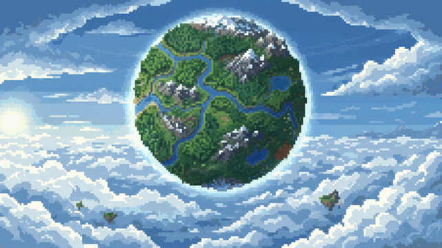 Fantasy pixel art illustration of a lush green planet floating in the clouds