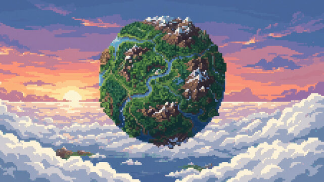 Fantasy pixel art illustration of a floating lush planet above the clouds at sunset