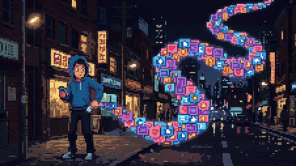 Surreal pixel art illustration of a young person on a city street with a flowing stream of social media notifications © Pyxzel