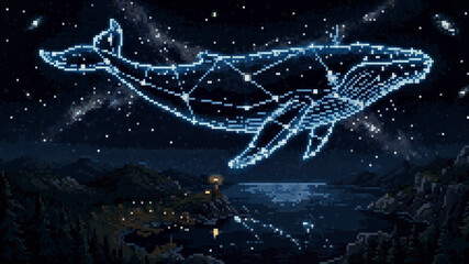 Surreal pixel art illustration of a glowing whale constellation in a starry night sky above a landscape © Pyxzel
