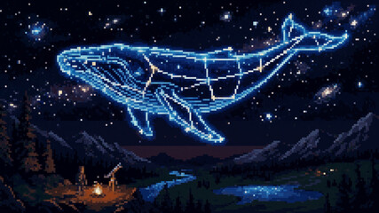 Surreal pixel art illustration of a glowing whale constellation in the starry night sky over a camping landscape © Pyxzel