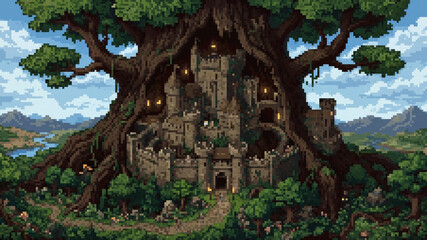Naklejka premium Fantasy pixel art illustration of a medieval castle built inside a giant hollow tree