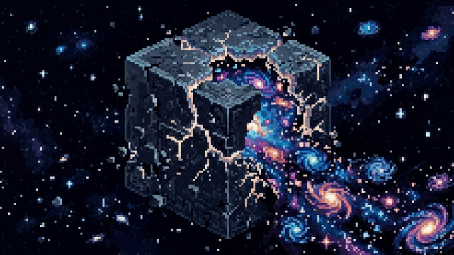 Surreal pixel art illustration of a cracked cosmic cube in space revealing a glowing galaxy