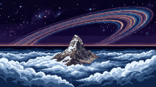 Surreal pixel art illustration of a mountain peak rising above clouds with a giant ringed planet in the night sky