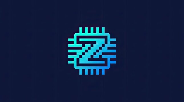 Pixel art blue letter Z inside microchip frame.