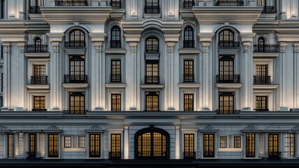 Obraz premium Symmetrical neoclassical building facade in monochrome. Artificial intelligence image