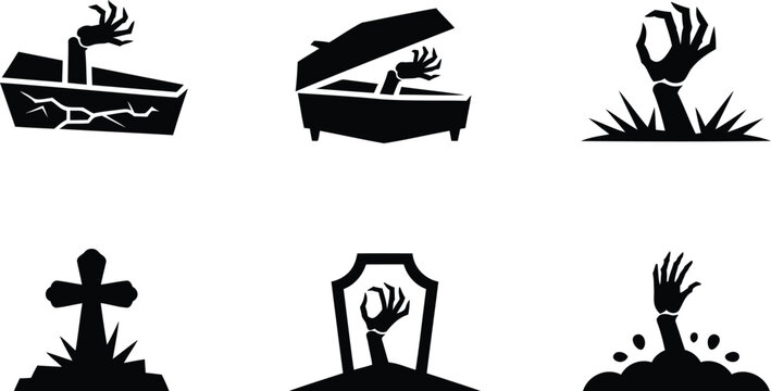 Black silhouettes of zombie hands rising from graves and coffins on white background