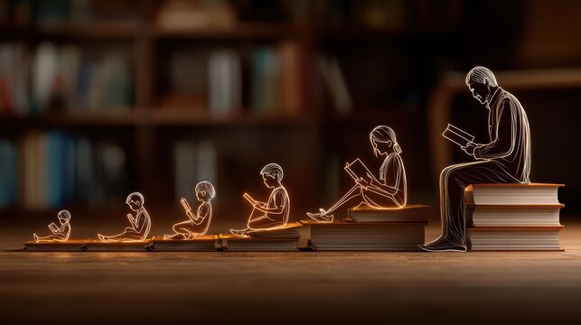 Reading Journey Through Life from Childhood to Old Age Concept