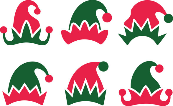 Collection of six different colored elf hats with pom poms on white background