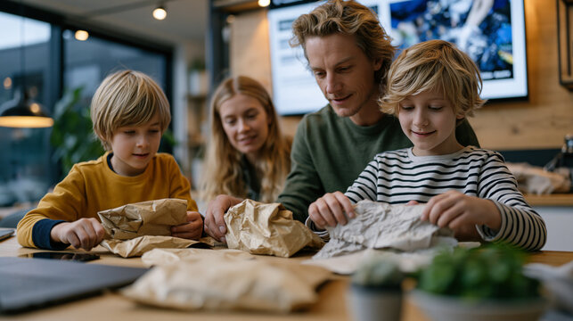 Family unit gathers around a kitchen table assembling biodegradable packaging kits as part of a community circular economy program, children folding plant-fiber mailers while a parent checks assembl