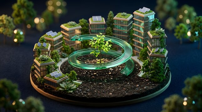Circular economy concept featuring modern glass city model with central tree and glowing green upward spiral arrow