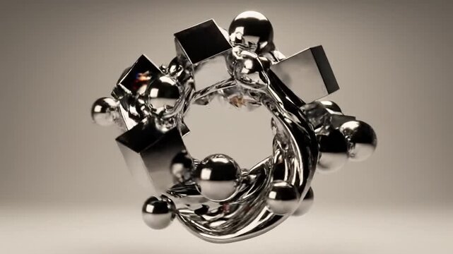 A cluster of shiny metallic spheres and cubes floats in space
