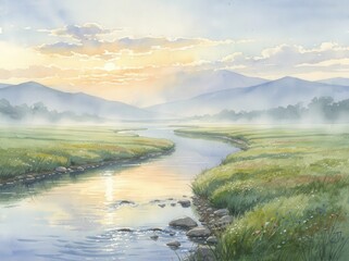 A serene watercolor painting of a river winding through grassy fields with distant mountains under a soft, cloudy sky at sunrise or sunset. © PengAI