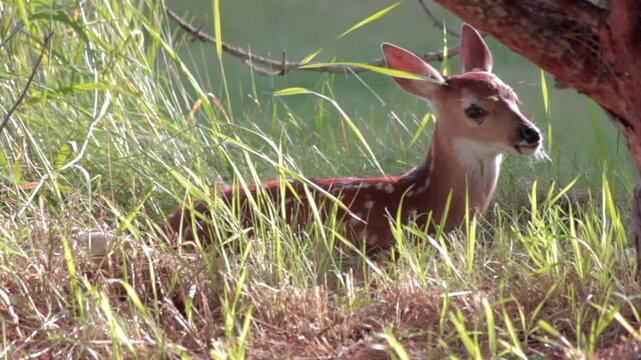 Close-up of a white-tailed deer fawn hiding behind a tree while grazing in tall grass. Natural wildlife behavior in a peaceful woodland setting. Backlighting creates a magical, dreamy shot.
