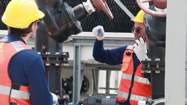 Team male technicians working HVAC water cooling systems inspects water pipe connections cooling tower circulation (Evap) systems efficient technology checks leaks combination wrench tighten nuts.
