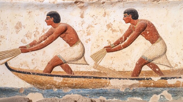 papyrus. Ancient Egyptian mural fragment depicting artisans weaving papyrus into a boat. event programs, museum guides, designed for cultural heritage projects and event programs, supports education.