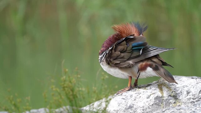 Mandarin duck preening its feathers beside calm water in Bad Ragaz, Switzerland. Elegant wildlife scene featuring grooming behavior and colorful plumage.