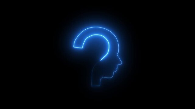 Glowing neon line Human head with question mark icon on black background. Neon glowing question mark with man head icon.4k video