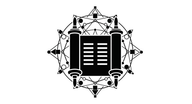 Black and white vector illustration of a Jewish Torah scroll featuring geometric mandala elements.