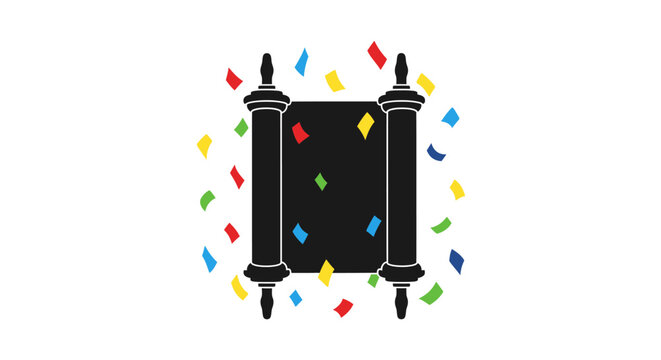 Black Torah Scroll with Colorful Confetti Celebration Icon.