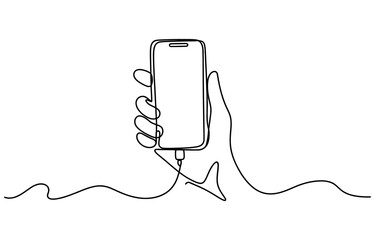 Obraz premium Continuous one line drawing of a hand holding a mobile phone connected to a charging cable Vector, illustration