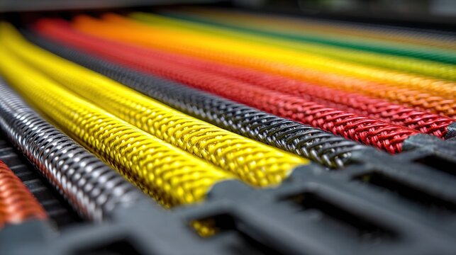 conductors. Colorful electrical cables arranged in parallel lines within a cable tray. product launch decks, UI/UX mockups, designed for data visualization dashboards and holographic UIs.