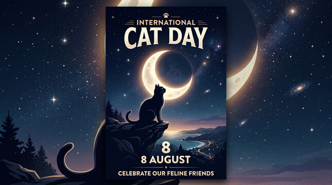 International Cat Day Celebration: Cat Silhouetted Against Crescent Moon and Starry Night Sky
