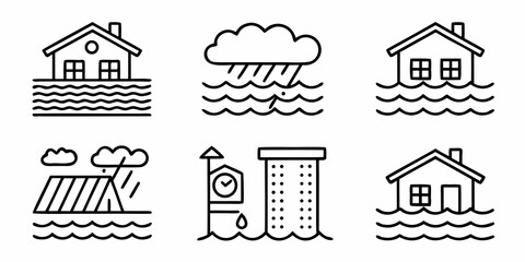 Fototapeta premium Flood Disaster Icons Houses Clouds And Water Damage Line Art