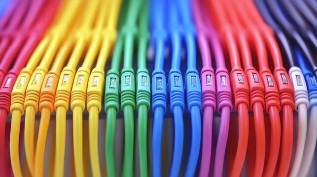 conductors. Colorful electrical cables arranged in parallel lines within a cable tray. product launch decks, UI/UX mockups, designed for data visualization dashboards and holographic UIs.