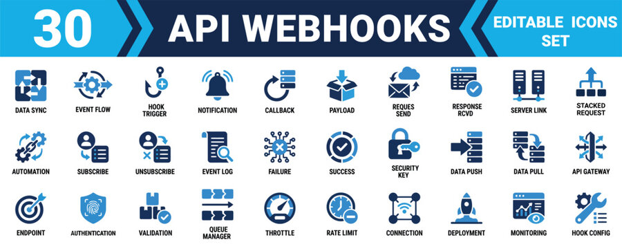 Set of thirty modern blue and black api webhooks icons for software development and server data flow Minimal solid fill icon set bundle collection. Editable Vector Illustration Mega pack