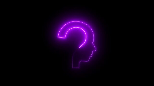 Glowing neon line Human head with question mark icon on black background. Neon glowing question mark with man head icon.4k video