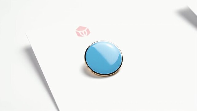 Closeup of a blue button on a white surface with a pink logo.