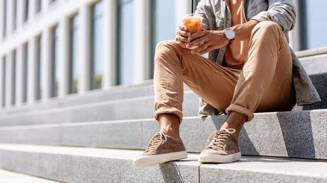 Man in casual clothes enjoying iced coffee on outdoor building steps