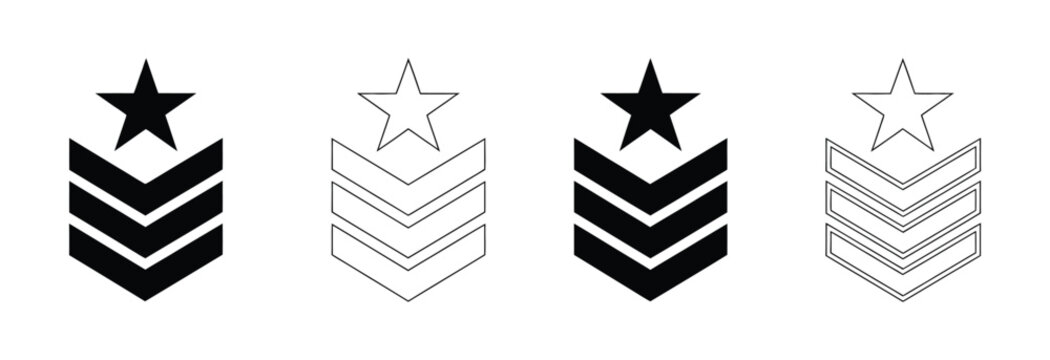 Military rank badge vector icon collection featuring editable stroke chevron emblems in simple flat line style, army insignia, service rank symbols and uniform patches, modern vector illustration