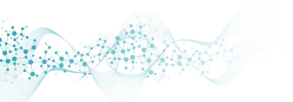Modern abstract molecules structure for science or medical background. DNA helix or atom visualization. Molecular wave flow abstract background. Vector illustration
