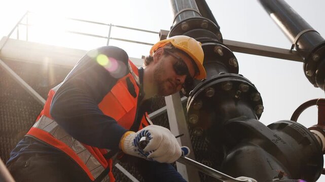 Team male technicians working HVAC water cooling systems inspects water pipe connections cooling tower circulation (Evap) systems efficient technology checks leaks combination wrench tighten nuts.
