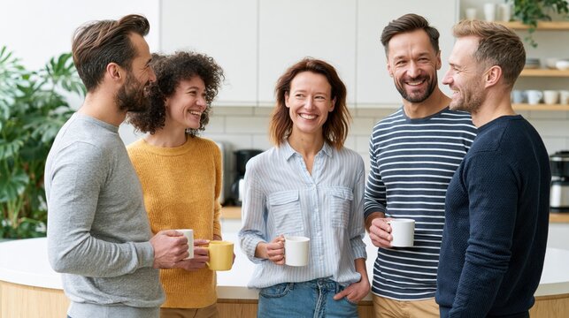 Diverse team members enjoying a casual coffee break in a modern office kitchen