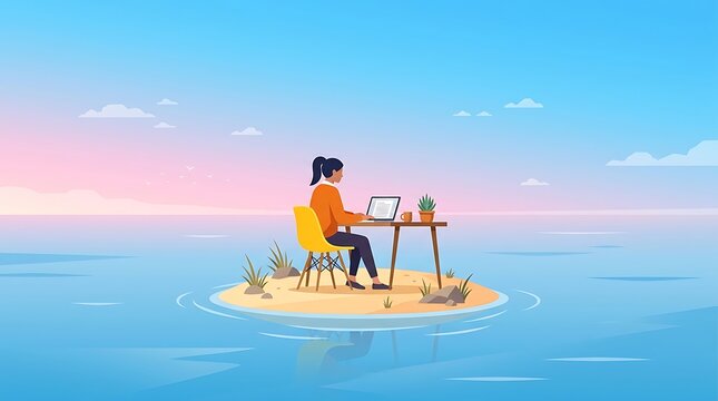Digital nomad woman working on laptop on a tiny desert island, remote work and freelance freedom concept, peaceful ocean sunset background