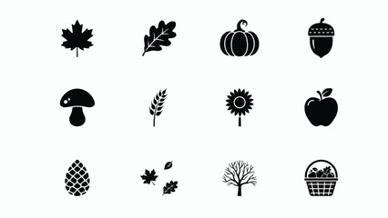 Minimalist black autumn harvest icons set featuring maple leaf acorn pumpkin mushroom wheat sunflower apple pinecone basket © Tuli
