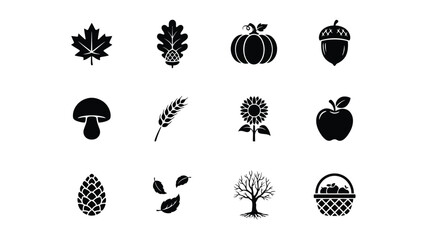 Black and white autumn harvest icon set with all arranged grid cohesive visual impact © Tuli