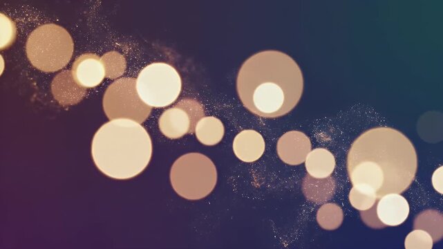 A dreamy, blurred image showcases a string of warm, golden lights against a dark, textured background, creating a magical and ethereal atmosphere.