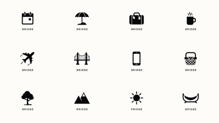Twelve minimalist travel and adventure icons set with flat design silhouettes with monochromatic icons with adventure themes © Tuli