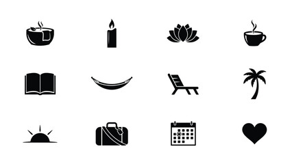 Minimalist black icons set featuring relaxation travel and emotional symbols for modern design projects with flat design style ideal graphic web applications © Tuli